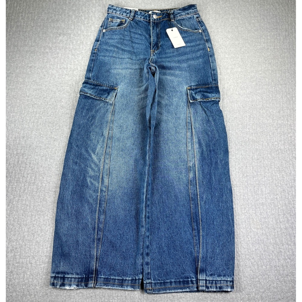 New Forever 21 Cargo baggy wide leg Jeans Women 26 Blue Relaxed medium wash